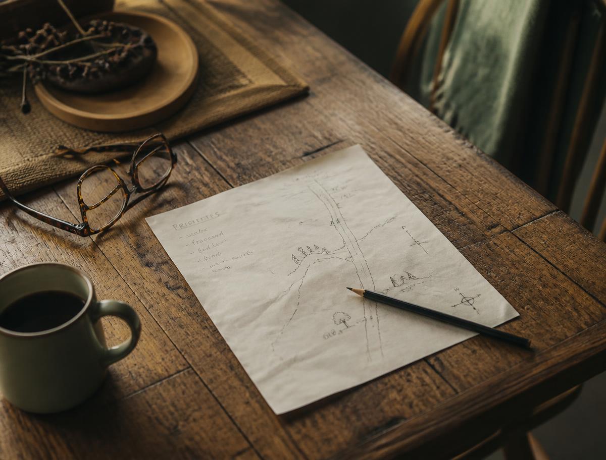 A hand-drawn map and short list on paper on an oak table beside a coffee mug