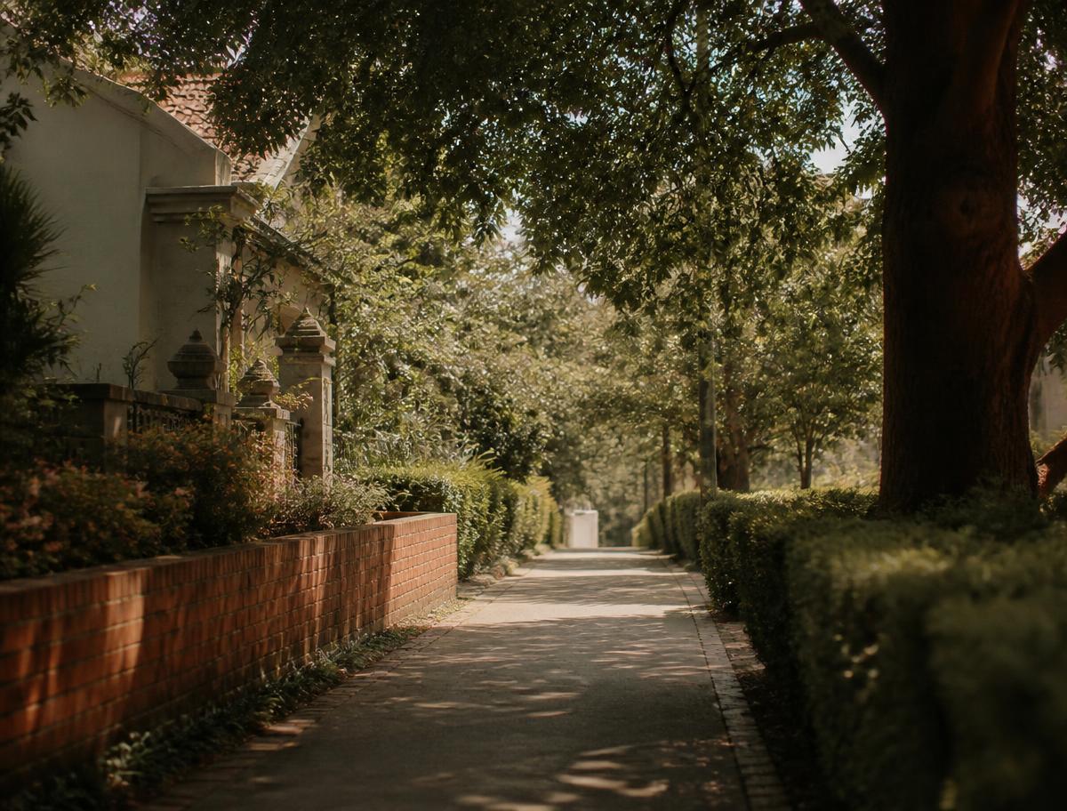 A quiet tree-lined footpath in soft afternoon light