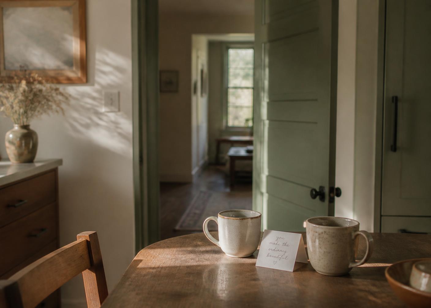 Two mugs on a table with a small folded note and an open doorway beyond