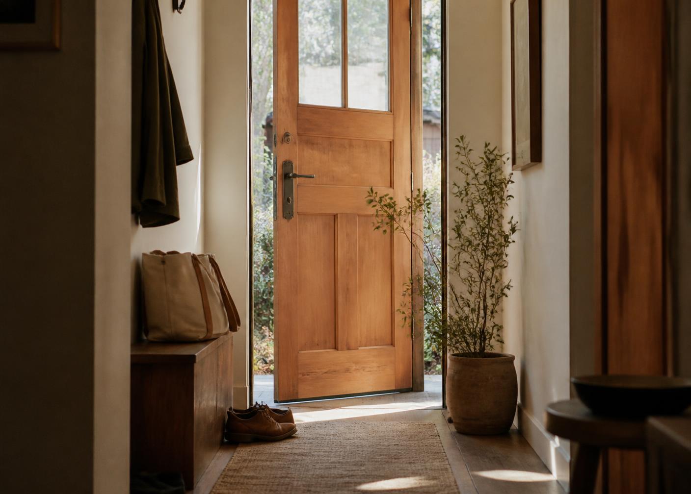 An open wooden front door in late afternoon light with a coat on a hook and a bag set down
