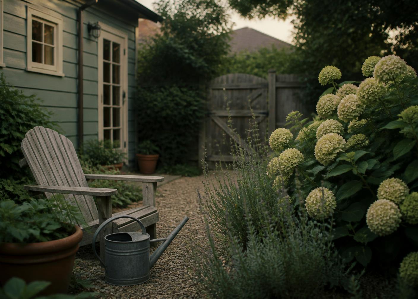 A modest back garden at dusk with a gravel path, hydrangeas and a weathered wooden chair