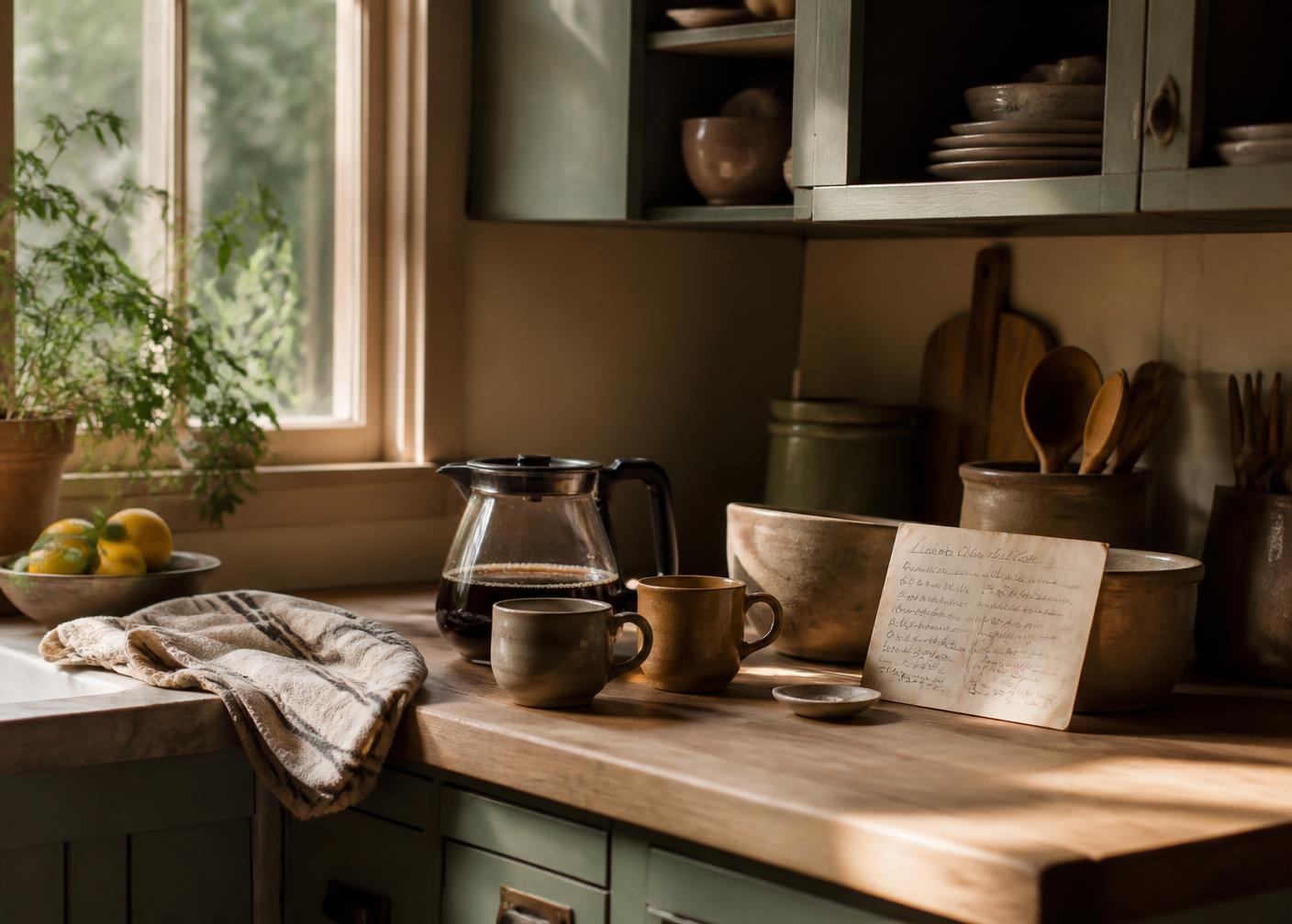 A wooden kitchen counter with a coffee pot, two mugs and a handwritten recipe card in warm light