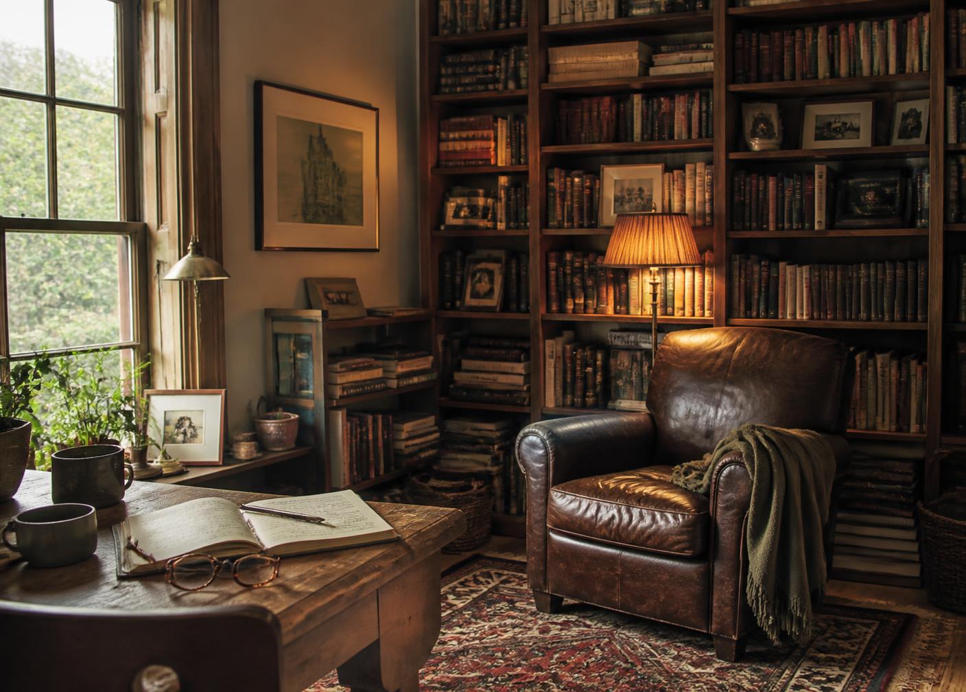 Wooden bookshelves, a leather reading chair and a warm lamp beside an open journal