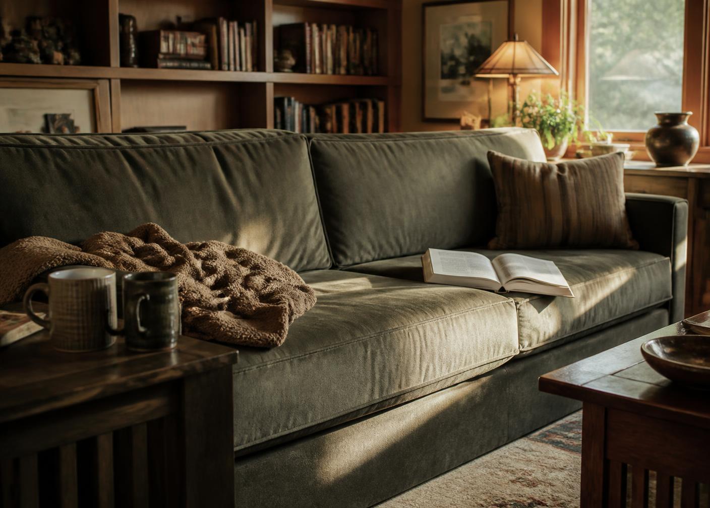 A worn sofa with a rumpled blanket at one end and an open book at the other