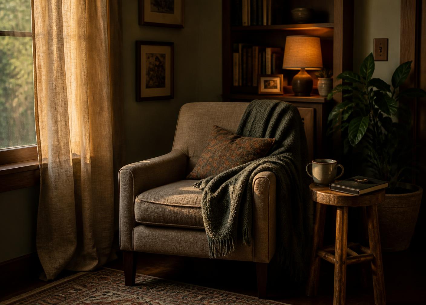 A quiet corner with a soft armchair, folded blanket, cup of tea and a warm lamp